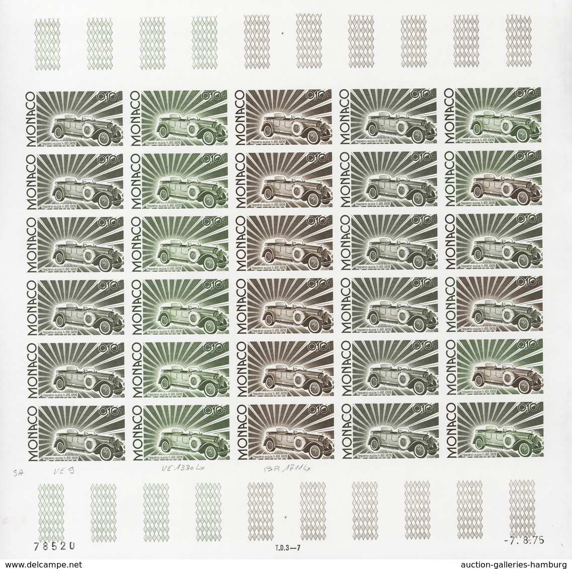 Monaco: 1973/1977, IMPERFORATE COLOUR PROOFS, MNH collection of 38 complete sheets (=1.040 proofs),