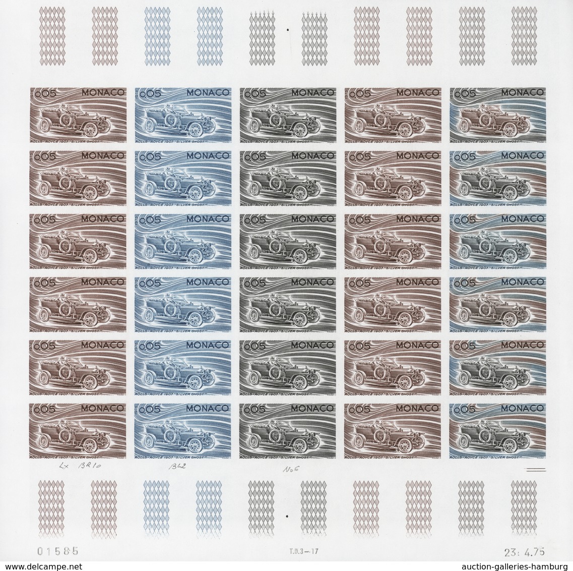 Monaco: 1973/1977, IMPERFORATE COLOUR PROOFS, MNH collection of 38 complete sheets (=1.040 proofs),