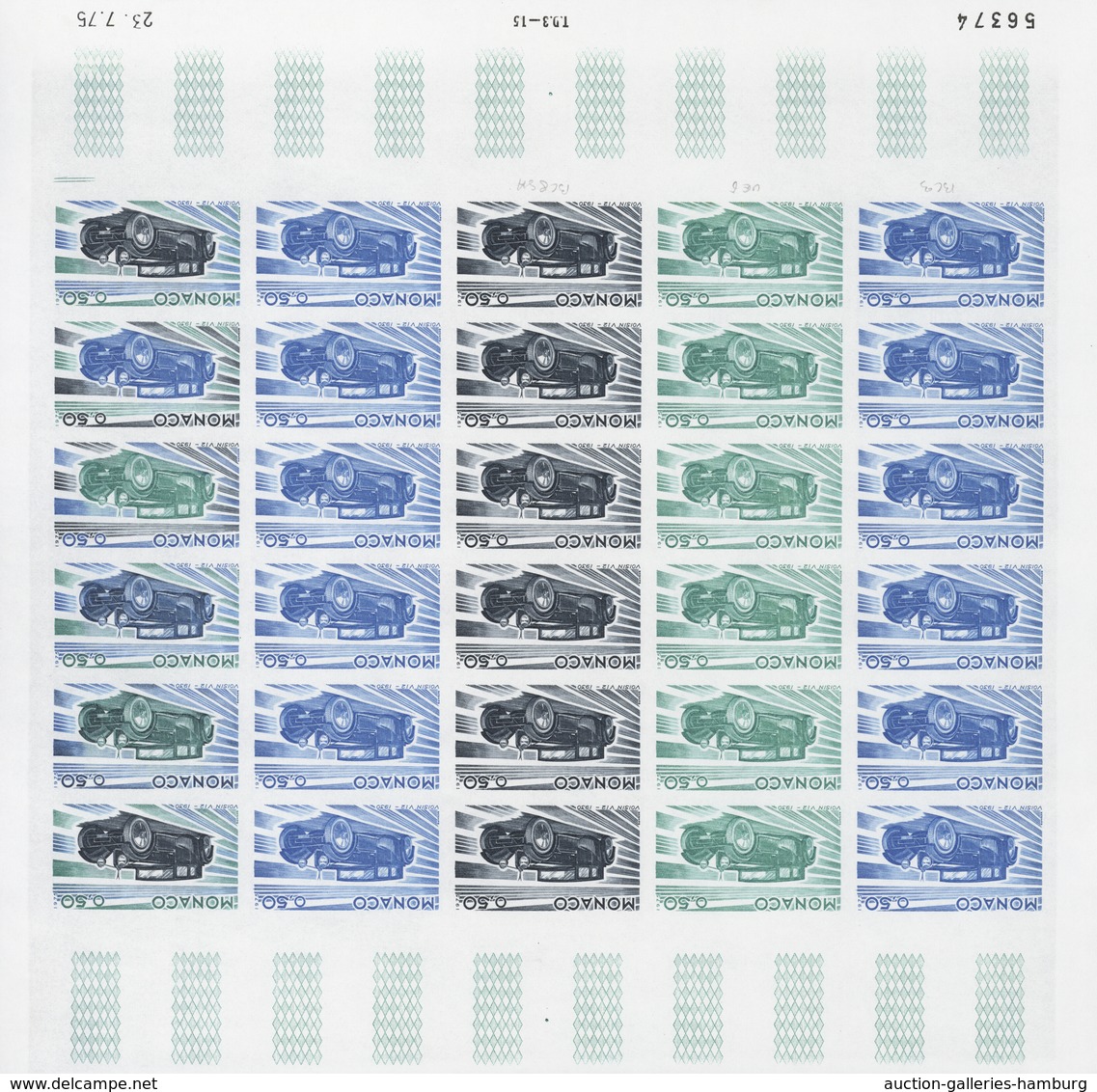 Monaco: 1973/1977, IMPERFORATE COLOUR PROOFS, MNH collection of 38 complete sheets (=1.040 proofs),