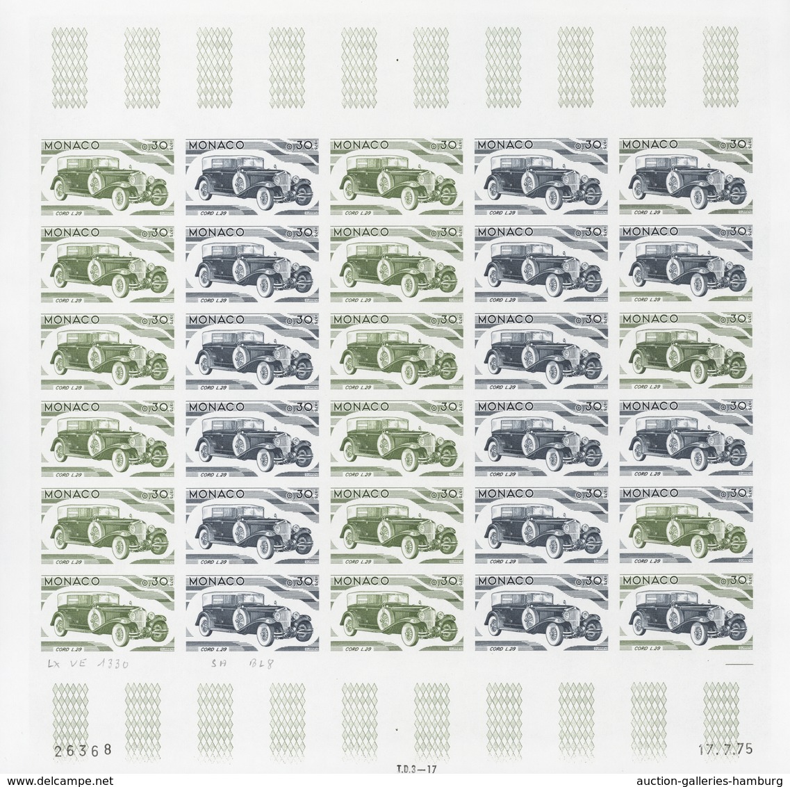 Monaco: 1973/1977, IMPERFORATE COLOUR PROOFS, MNH collection of 38 complete sheets (=1.040 proofs),