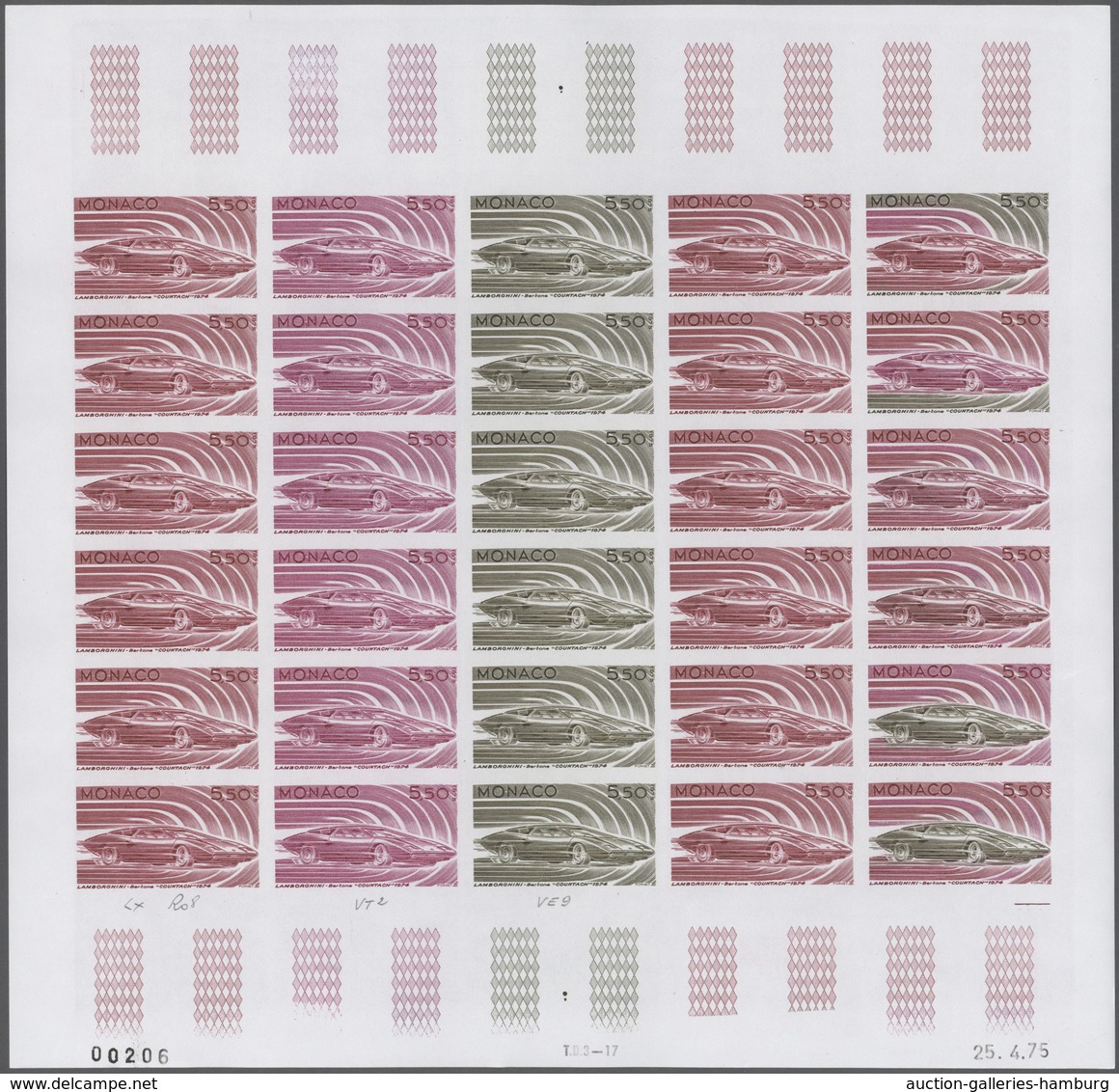 Monaco: 1973/1977, IMPERFORATE COLOUR PROOFS, MNH collection of 38 complete sheets (=1.040 proofs),