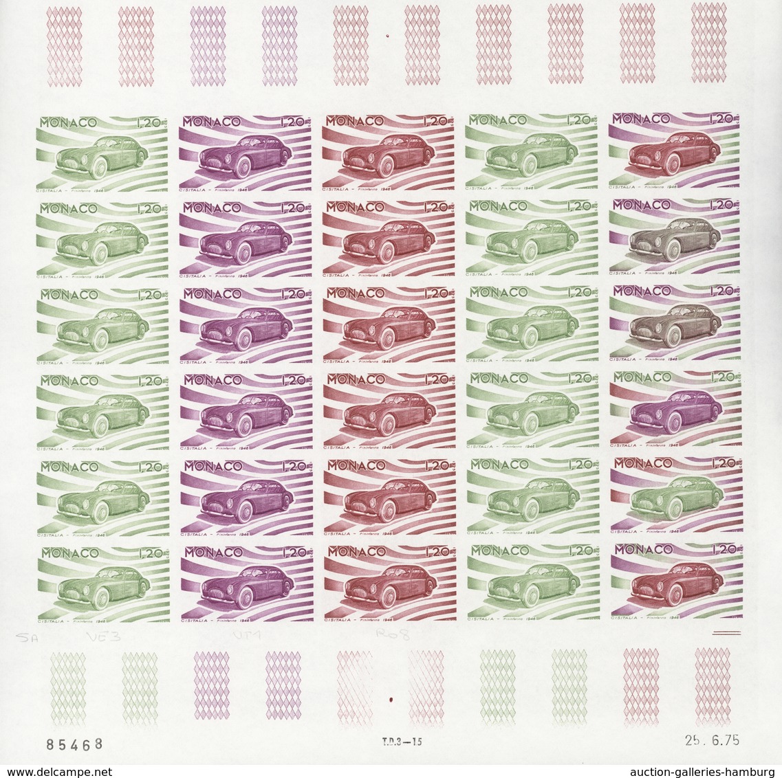 Monaco: 1973/1977, IMPERFORATE COLOUR PROOFS, MNH collection of 38 complete sheets (=1.040 proofs),