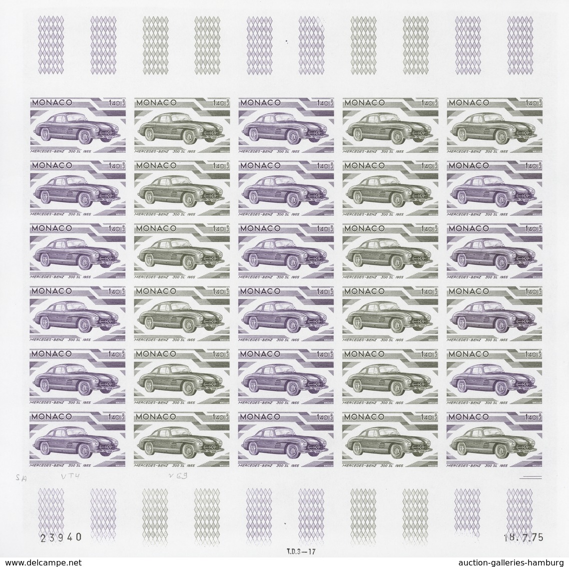 Monaco: 1973/1977, IMPERFORATE COLOUR PROOFS, MNH collection of 38 complete sheets (=1.040 proofs),