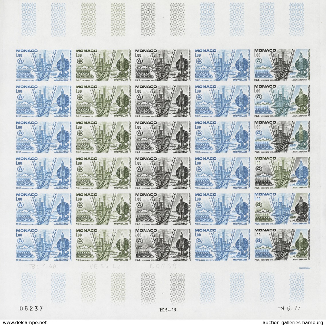 Monaco: 1973/1977, IMPERFORATE COLOUR PROOFS, MNH collection of 38 complete sheets (=1.040 proofs),