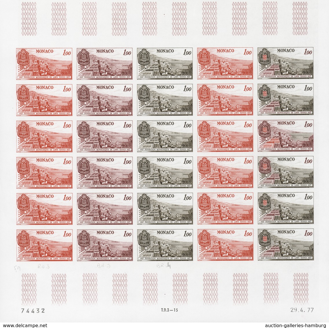 Monaco: 1973/1977, IMPERFORATE COLOUR PROOFS, MNH collection of 38 complete sheets (=1.040 proofs),