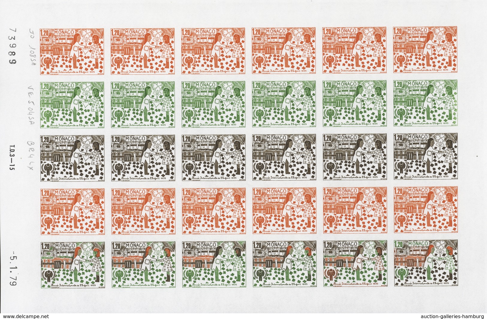 Monaco: 1973/1977, IMPERFORATE COLOUR PROOFS, MNH collection of 38 complete sheets (=1.040 proofs),