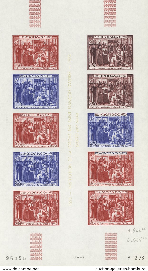 Monaco: 1973/1977, IMPERFORATE COLOUR PROOFS, MNH collection of 38 complete sheets (=1.040 proofs),