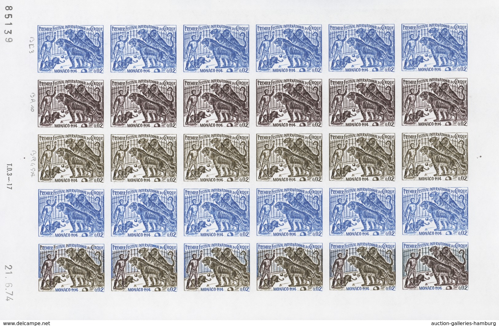 Monaco: 1973/1977, IMPERFORATE COLOUR PROOFS, MNH collection of 38 complete sheets (=1.040 proofs),