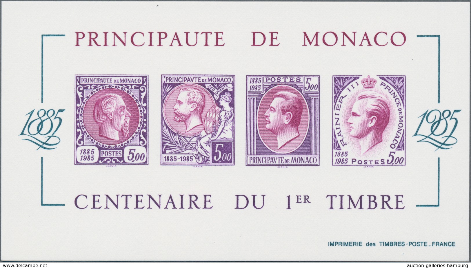 Monaco: 1985, Stamp Centenary Souvenir Sheet, Epreuve De Luxe In Differing Colours "Lilac/Purple" On - Otros & Sin Clasificación