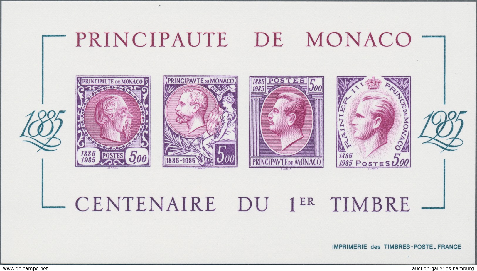 Monaco: 1985, Stamp Centenary Souvenir Sheet, Epreuve De Luxe In Differing Colours "Lilac/Purple" On - Autres & Non Classés