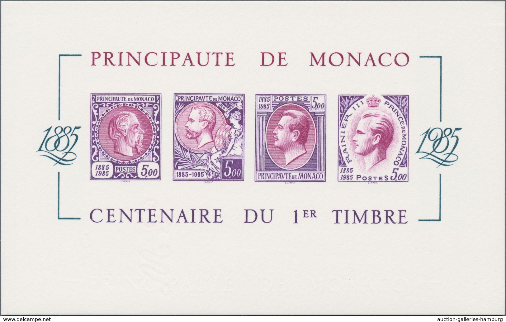 Monaco: 1985, Stamp Centenary Souvenir Sheet, Epreuve De Luxe In Differing Colours "Lilac/Purple" On - Sonstige & Ohne Zuordnung