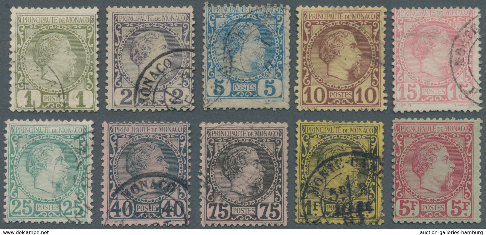 Monaco: 1885, Definitives Charles II., Complete Set Of Ten Values, Used Resp. Top Value 5fr. Mint Or - Otros & Sin Clasificación