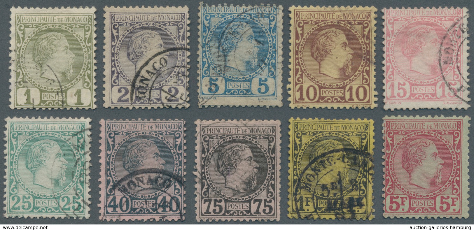 Monaco: 1885, Definitives Charles II., Complete Set Of Ten Values, Used Resp. Top Value 5fr. Mint Or - Sonstige & Ohne Zuordnung