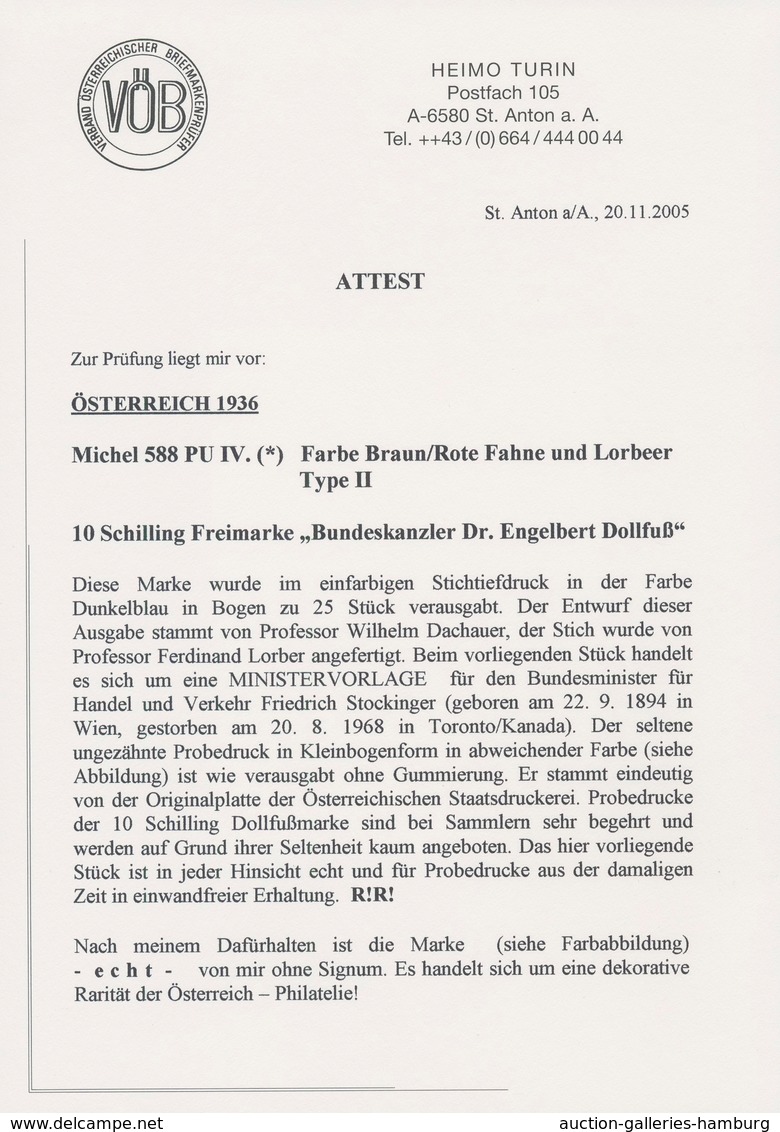 Österreich: 1936, DOLLFUß, Sehr Gehaltvolle Spezialsammlung Der PROBEDRUCKE Zur 10 Schilling Freimar - Ungebraucht