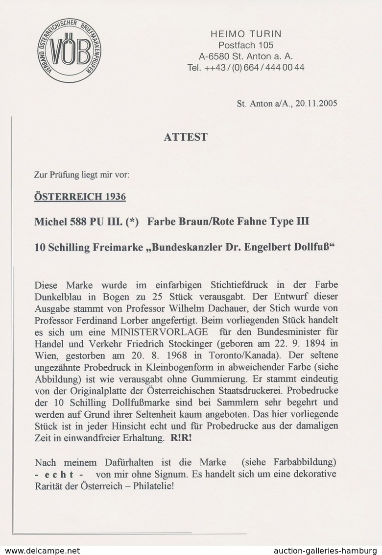 Österreich: 1936, DOLLFUß, sehr gehaltvolle Spezialsammlung der PROBEDRUCKE zur 10 Schilling Freimar