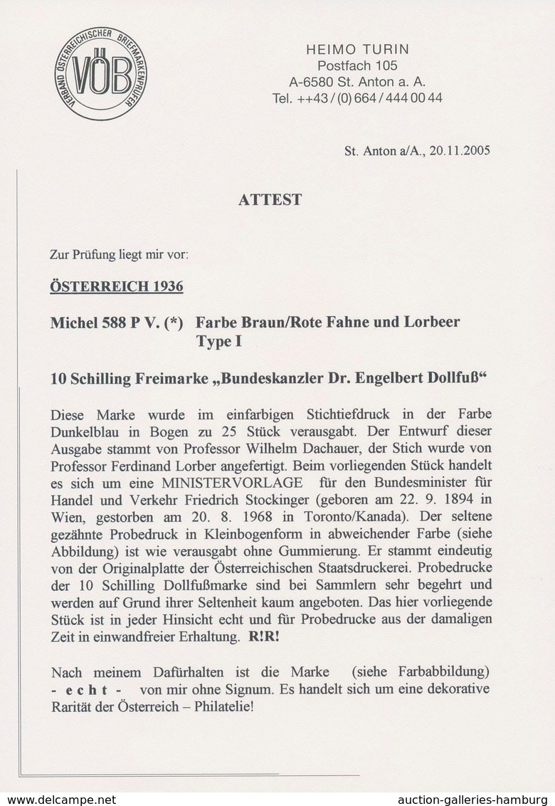 Österreich: 1936, DOLLFUß, sehr gehaltvolle Spezialsammlung der PROBEDRUCKE zur 10 Schilling Freimar