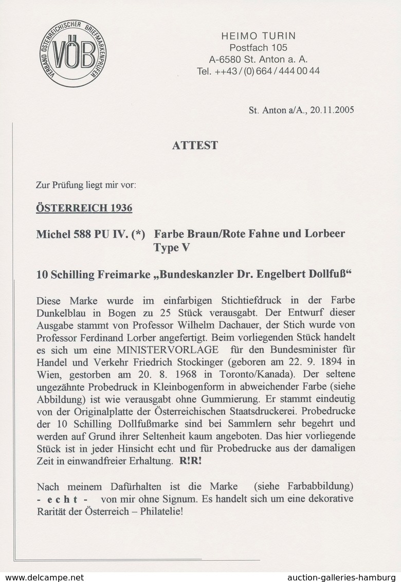 Österreich: 1936, DOLLFUß, sehr gehaltvolle Spezialsammlung der PROBEDRUCKE zur 10 Schilling Freimar