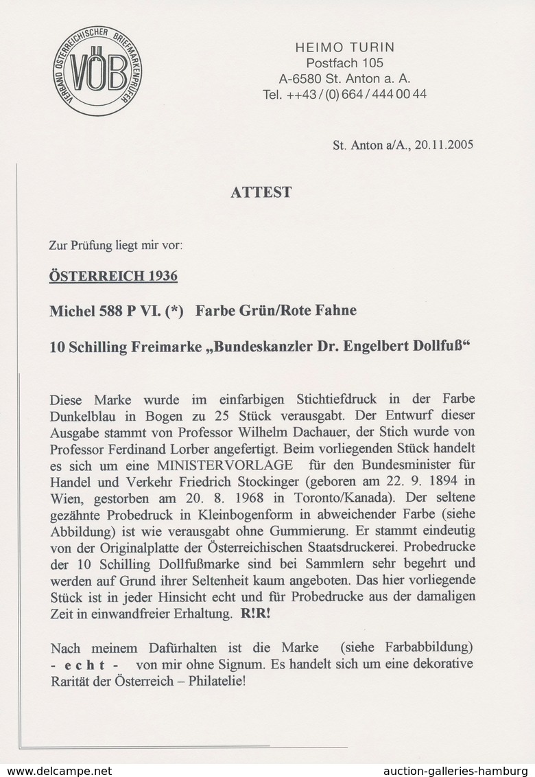 Österreich: 1936, DOLLFUß, sehr gehaltvolle Spezialsammlung der PROBEDRUCKE zur 10 Schilling Freimar