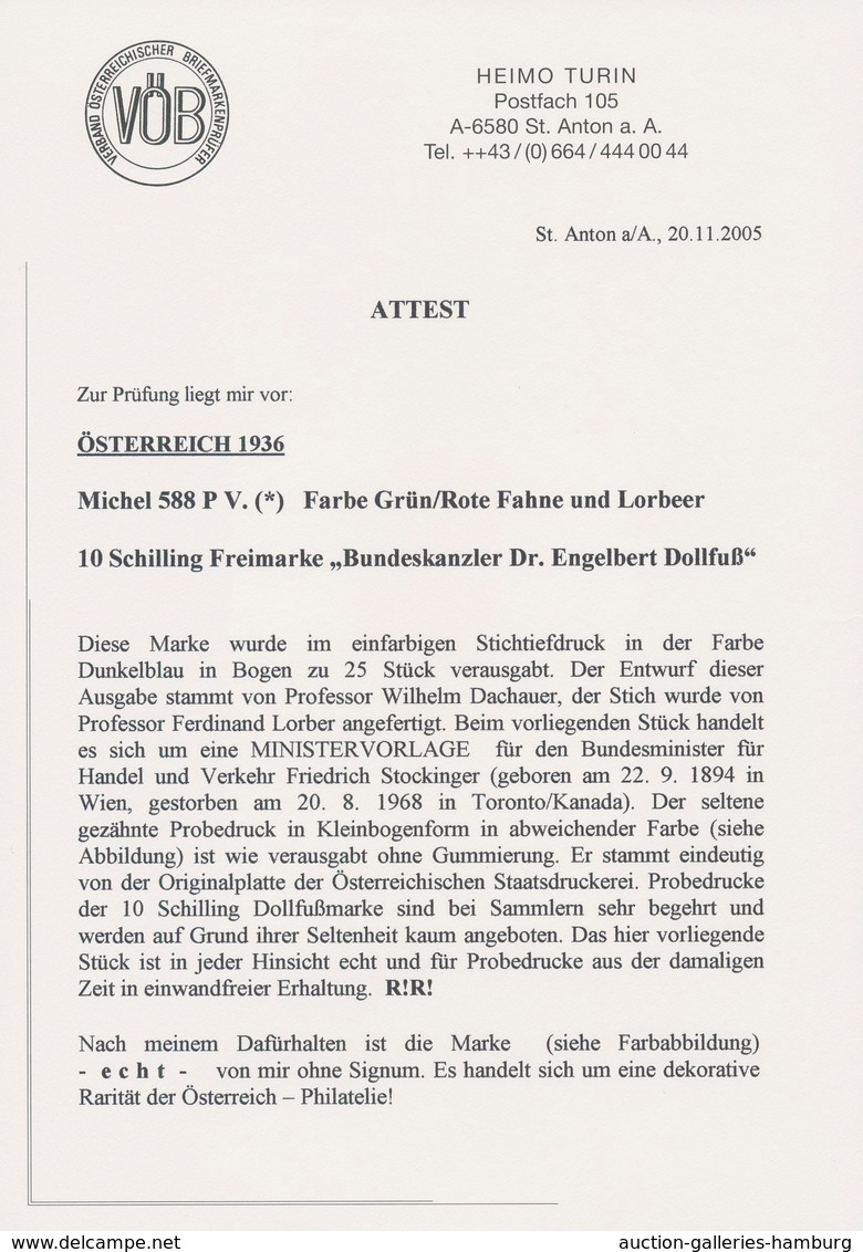 Österreich: 1936, DOLLFUß, sehr gehaltvolle Spezialsammlung der PROBEDRUCKE zur 10 Schilling Freimar