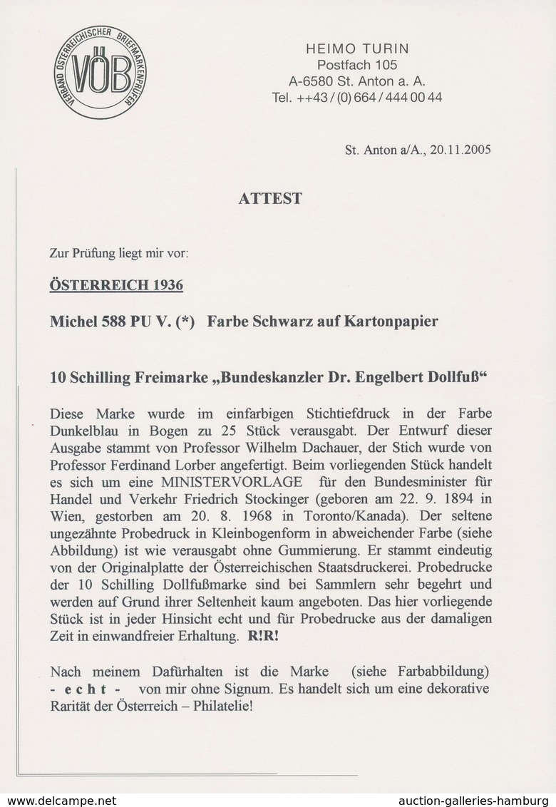 Österreich: 1936, DOLLFUß, sehr gehaltvolle Spezialsammlung der PROBEDRUCKE zur 10 Schilling Freimar