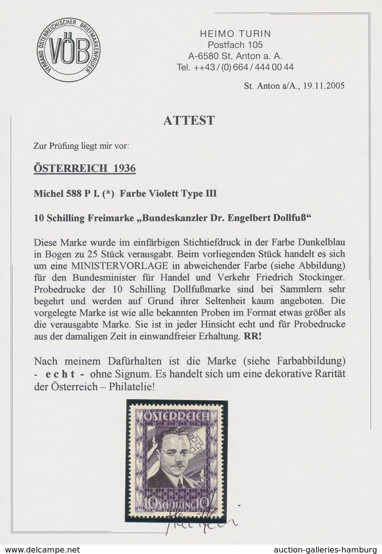 Österreich: 1936, DOLLFUß, sehr gehaltvolle Spezialsammlung der PROBEDRUCKE zur 10 Schilling Freimar