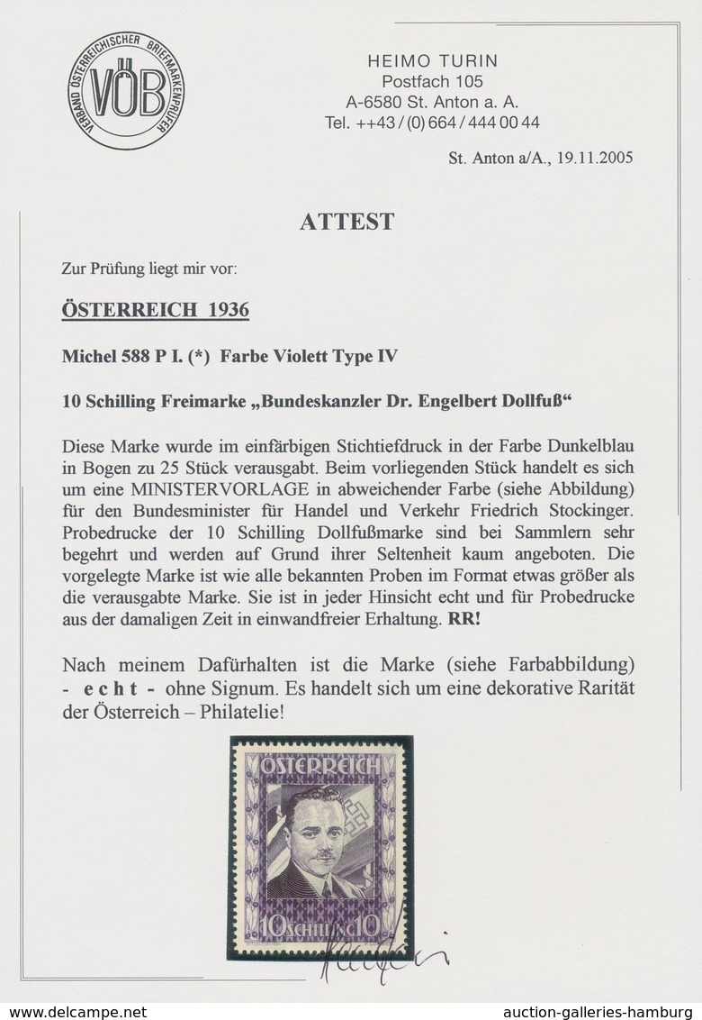 Österreich: 1936, DOLLFUß, sehr gehaltvolle Spezialsammlung der PROBEDRUCKE zur 10 Schilling Freimar