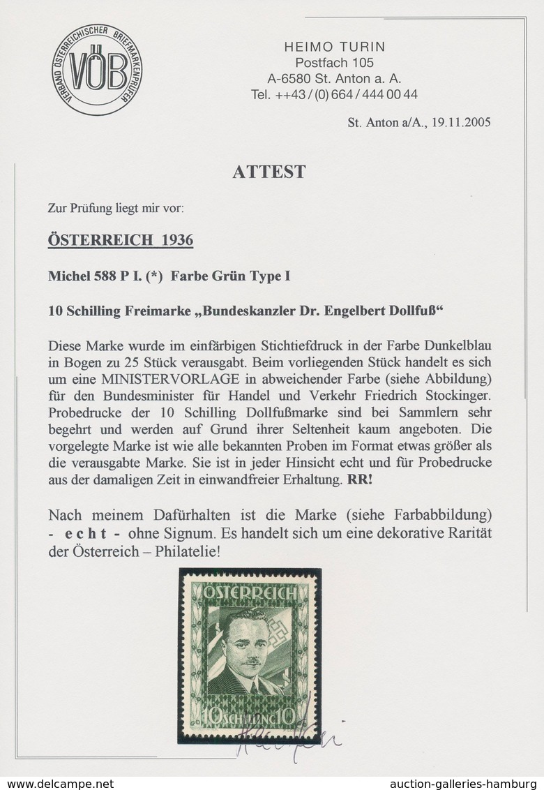 Österreich: 1936, DOLLFUß, sehr gehaltvolle Spezialsammlung der PROBEDRUCKE zur 10 Schilling Freimar