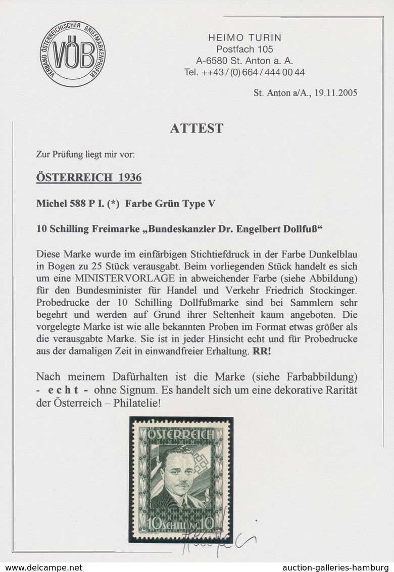 Österreich: 1936, DOLLFUß, sehr gehaltvolle Spezialsammlung der PROBEDRUCKE zur 10 Schilling Freimar