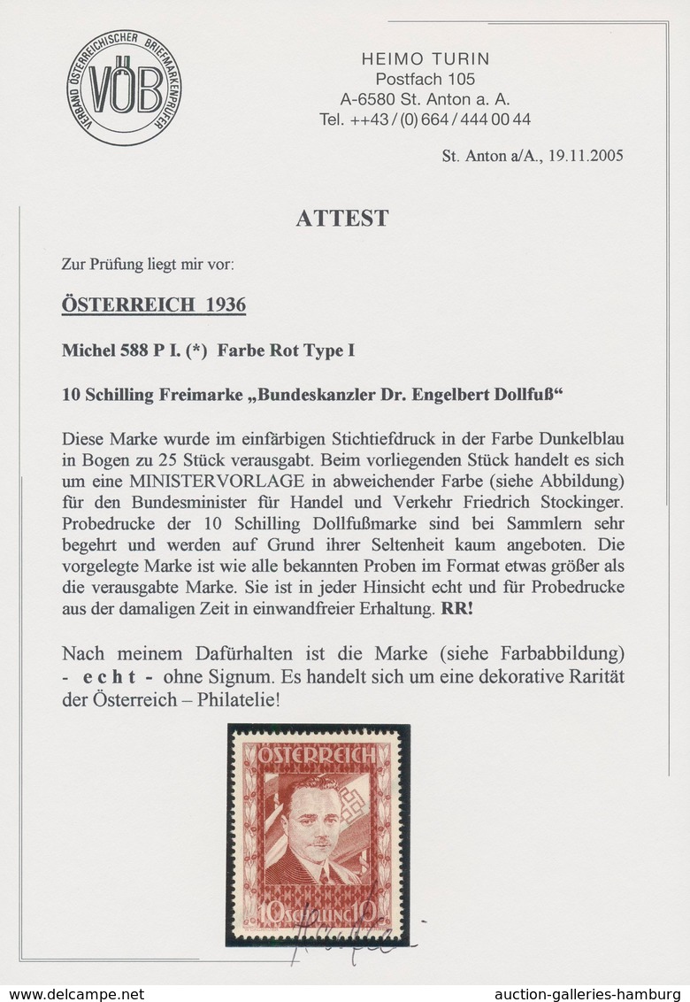 Österreich: 1936, DOLLFUß, sehr gehaltvolle Spezialsammlung der PROBEDRUCKE zur 10 Schilling Freimar