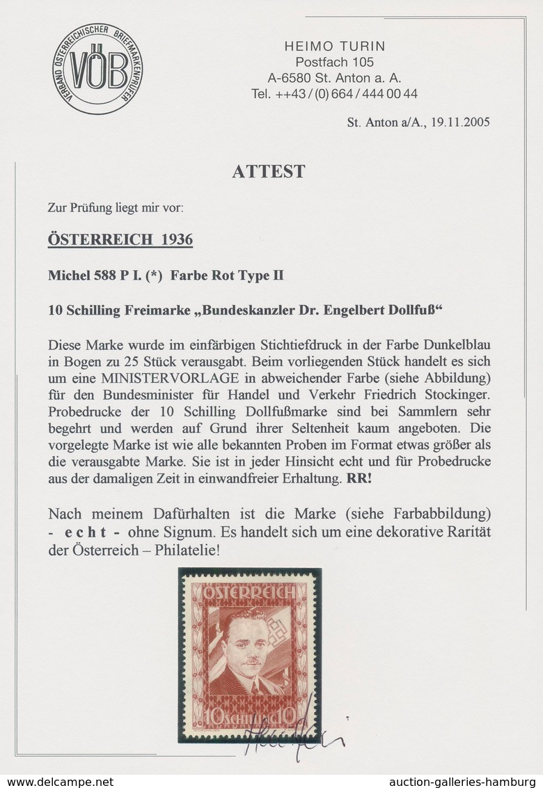 Österreich: 1936, DOLLFUß, sehr gehaltvolle Spezialsammlung der PROBEDRUCKE zur 10 Schilling Freimar