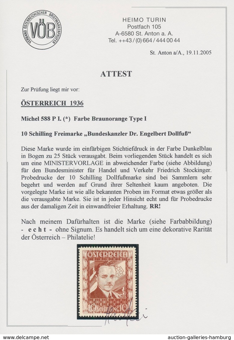 Österreich: 1936, DOLLFUß, sehr gehaltvolle Spezialsammlung der PROBEDRUCKE zur 10 Schilling Freimar