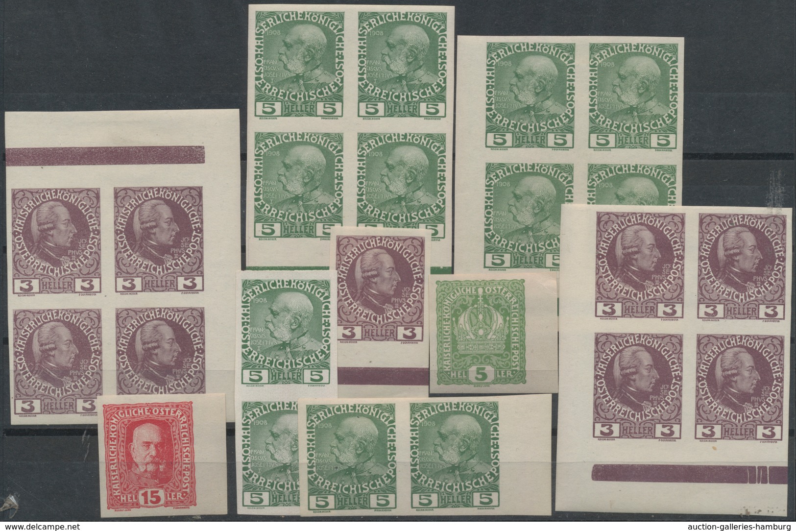 Österreich: 1908/1917, Zusammenstellung Von 97 Ungezähnten Werten Incl. Paaren Und 4er-Blocks, Auch - Unused Stamps
