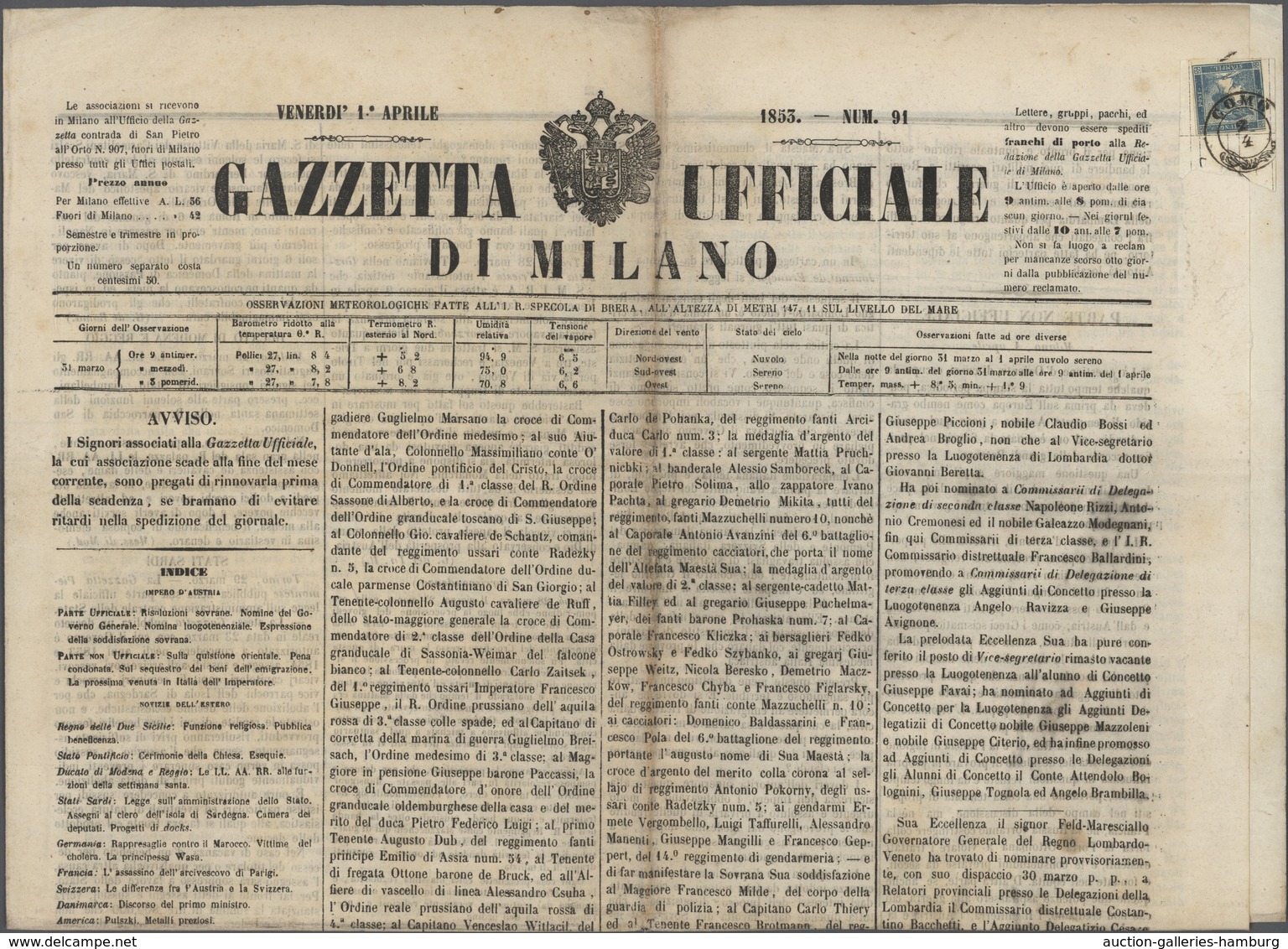 Österreich: 1851, Konvolut Mit 10 Kompletten Zeitungen "GAZZETTA UFFICIALE DI MILANO" Aus Den Jahren - Neufs