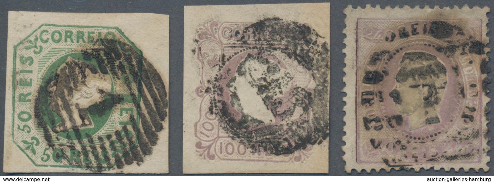 Portugal: 1853/1870, Three Better Stamps Used: Maria II. 50 R. And 100 R. (Mundifil 3/4) With Good M - Andere & Zonder Classificatie