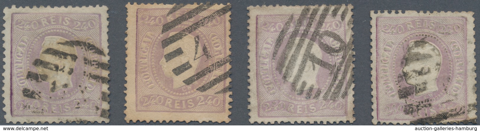 Portugal: 1870, Luis I. "Fita Curva" Perforated 240 R. Purple, Lot Of Four Used Copies Of This Rare - Otros & Sin Clasificación