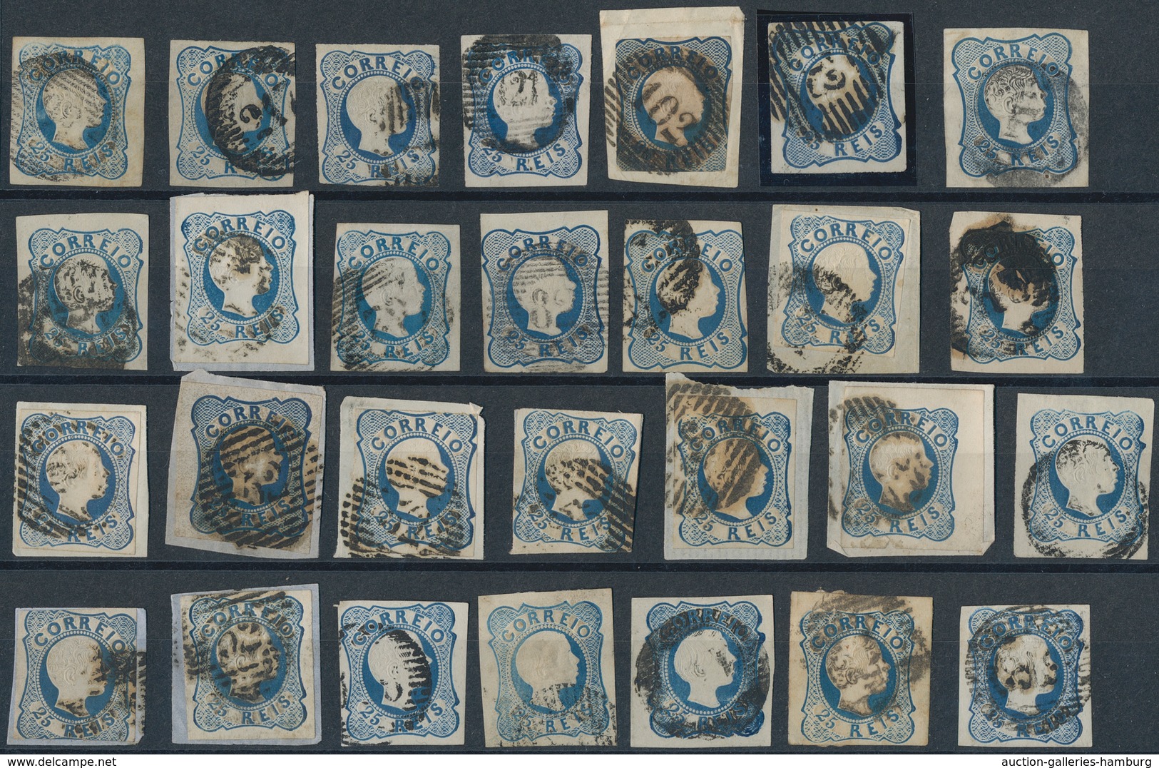 Portugal: 1856, Pedro 25 R. Blue, Double Lines, Ca. 290 Used Copies, Often With Nice Margins, Colour - Otros & Sin Clasificación