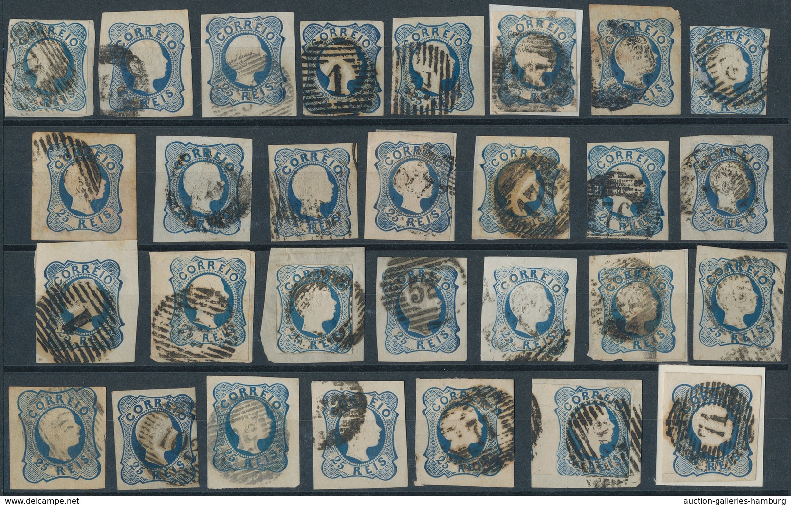 Portugal: 1856, Pedro 25 R. Blue, Double Lines, Ca. 290 Used Copies, Often With Nice Margins, Colour - Otros & Sin Clasificación