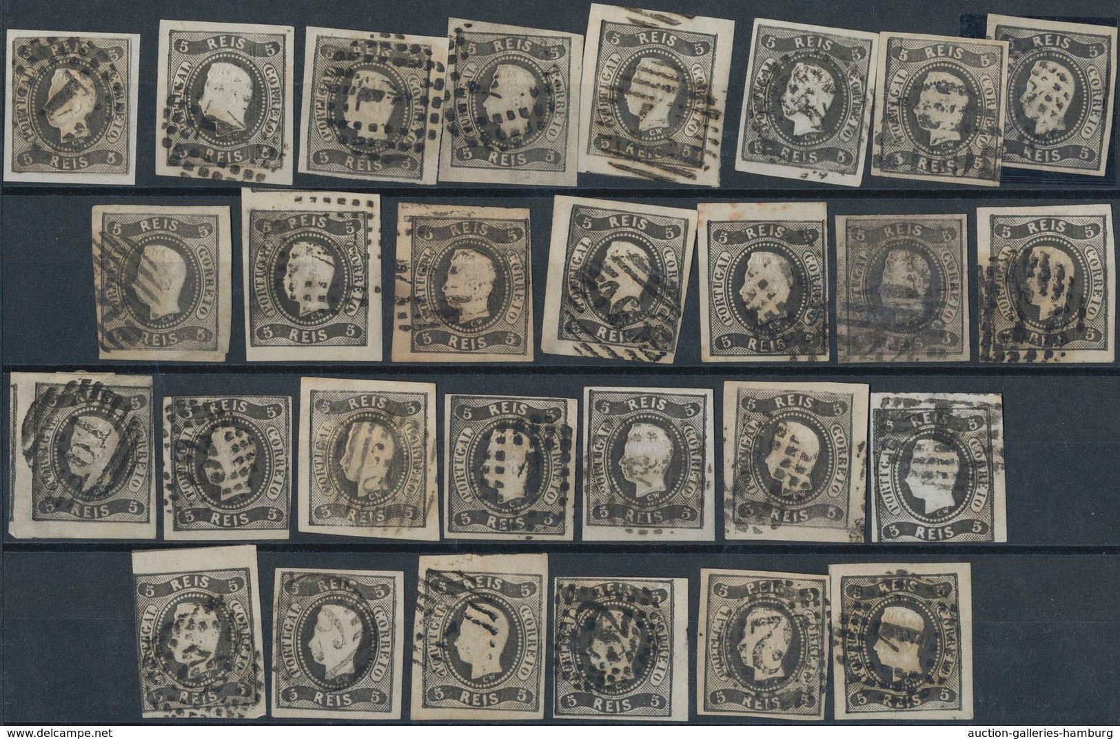 Portugal: 1866, Luis I. "Fita Curva" 5 R. Black & 10 R. Yellow, Nice Lot With More Than 90 Copies Of - Autres & Non Classés