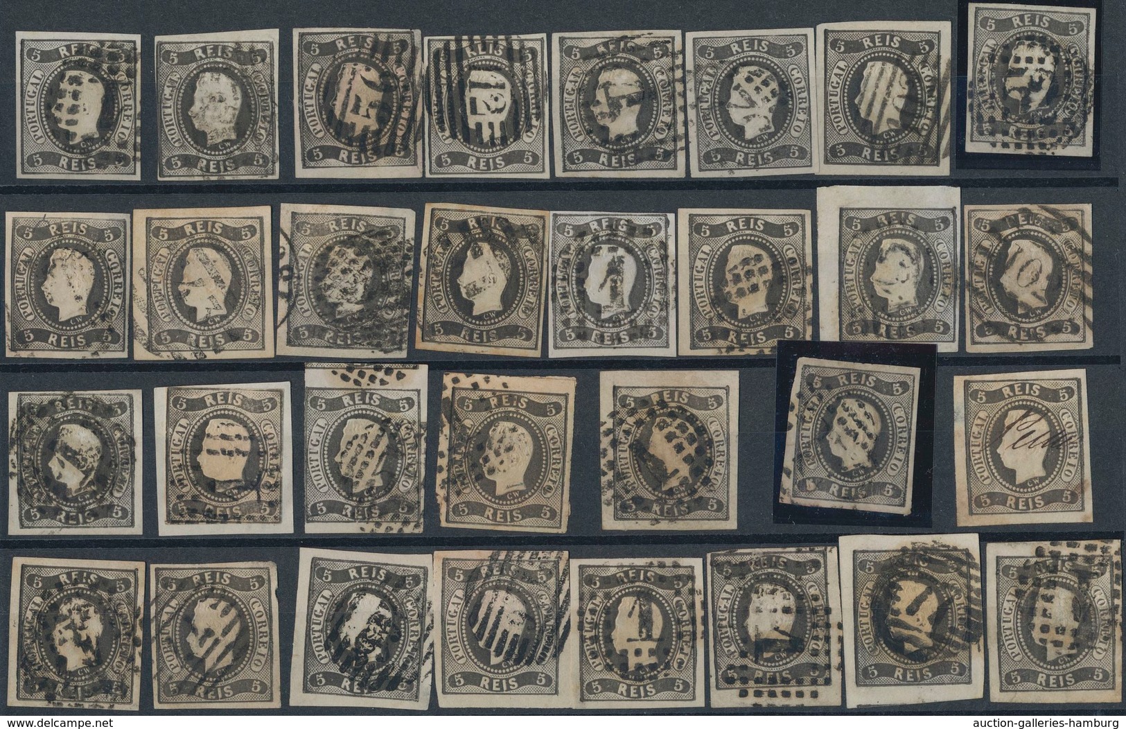 Portugal: 1866, Luis I. "Fita Curva" 5 R. Black & 10 R. Yellow, Nice Lot With More Than 90 Copies Of - Autres & Non Classés