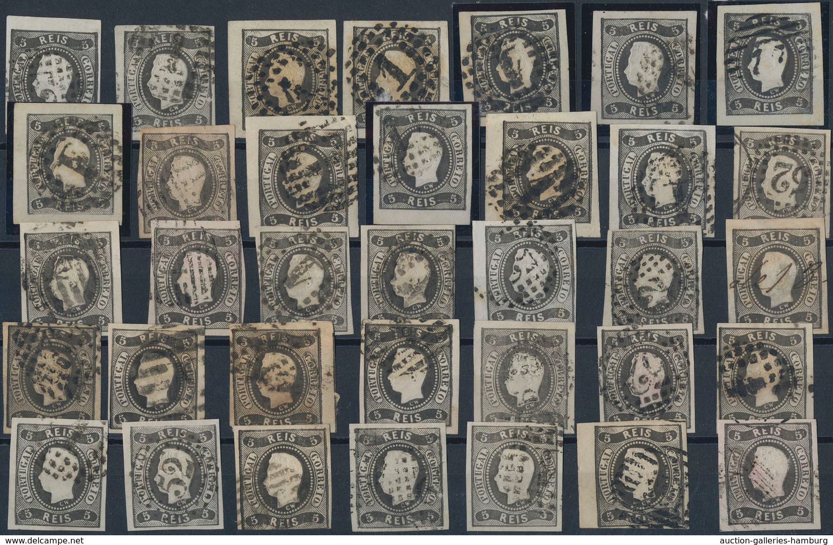 Portugal: 1866, Luis I. "Fita Curva" 5 R. Black & 10 R. Yellow, Nice Lot With More Than 90 Copies Of - Autres & Non Classés