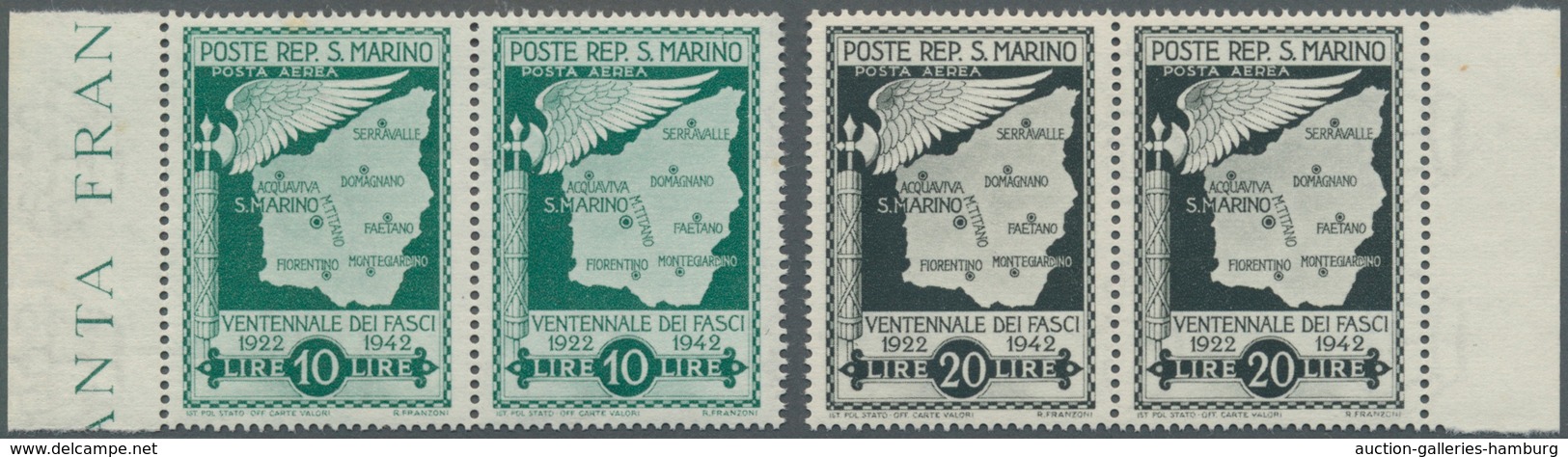 San Marino: 1943, Downfall Of Facism UNISSUED Airmail Stamps 10 Lire Green And 20 Lire Grey-black Wi - Neufs