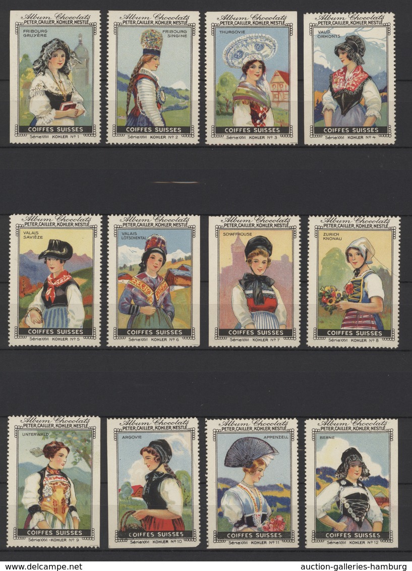 Schweiz: 1920-60 Ca., Steckbuch Mit über 140 Alten Vignetten, Nestle, Schokolade, Folklore, Trachten - Gebruikt
