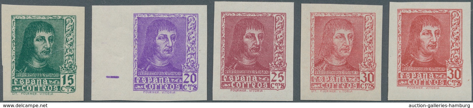 Spanien: 1938, Ferdinand II. In A Lot With About 1.500 IMPERFORATE Stamps With Five Different Values - Storia Postale