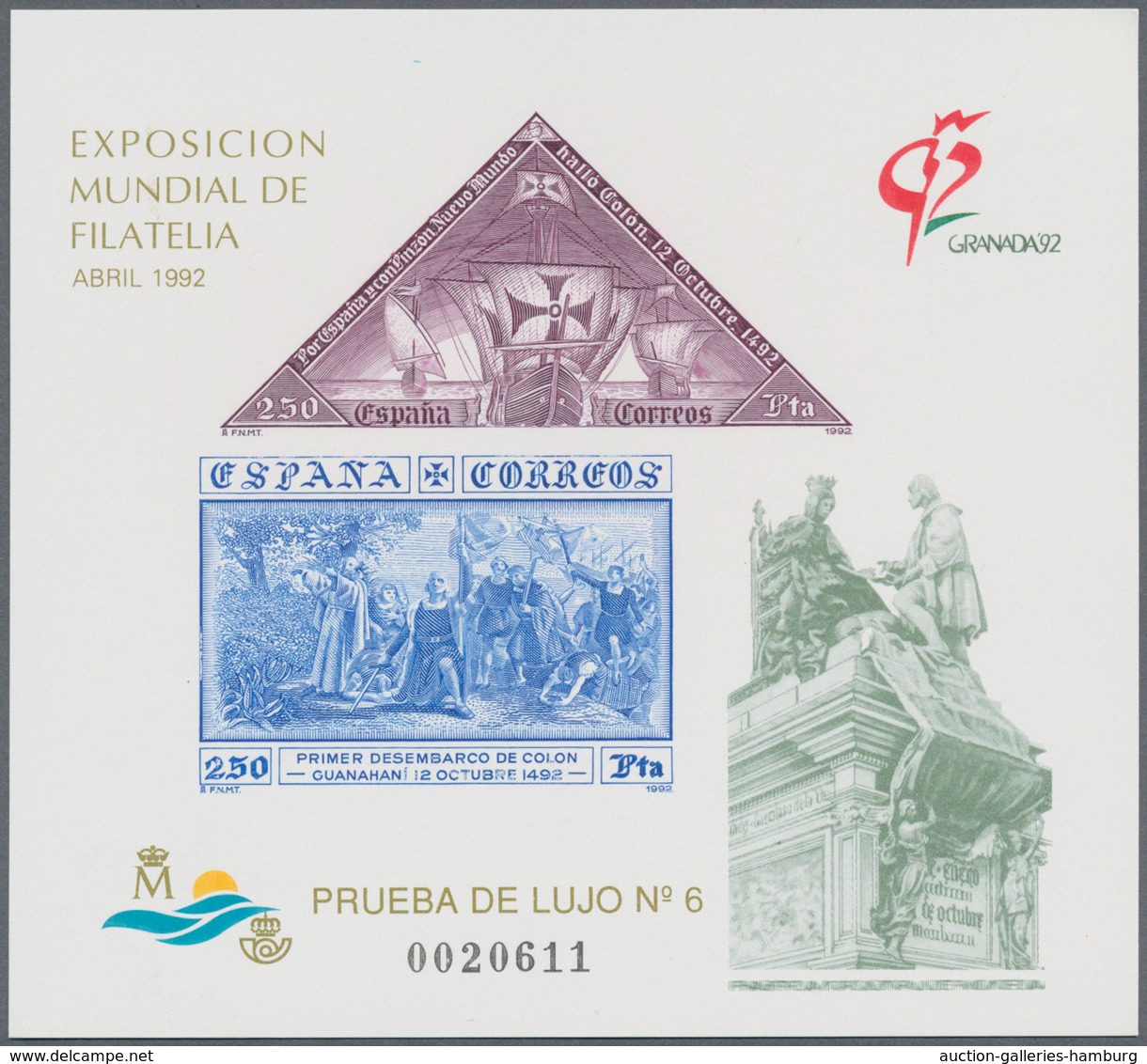 Spanien: 1992, International Stamp Exhibition GRANADA’92 And 500 Years Of Granada Imperforate Specia - Brieven En Documenten