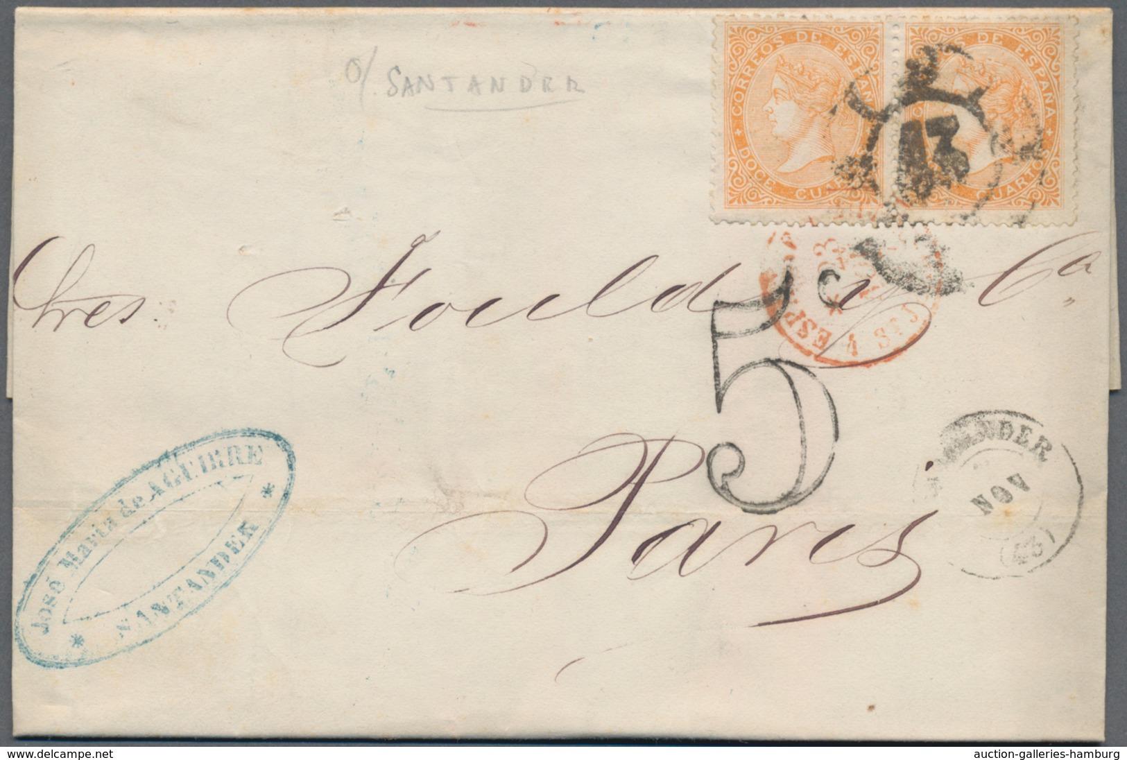 Spanien: 1860/1880, Eight Beautiful Covers To France With Nice Single Frankings, One With A Pair. Go - Briefe U. Dokumente