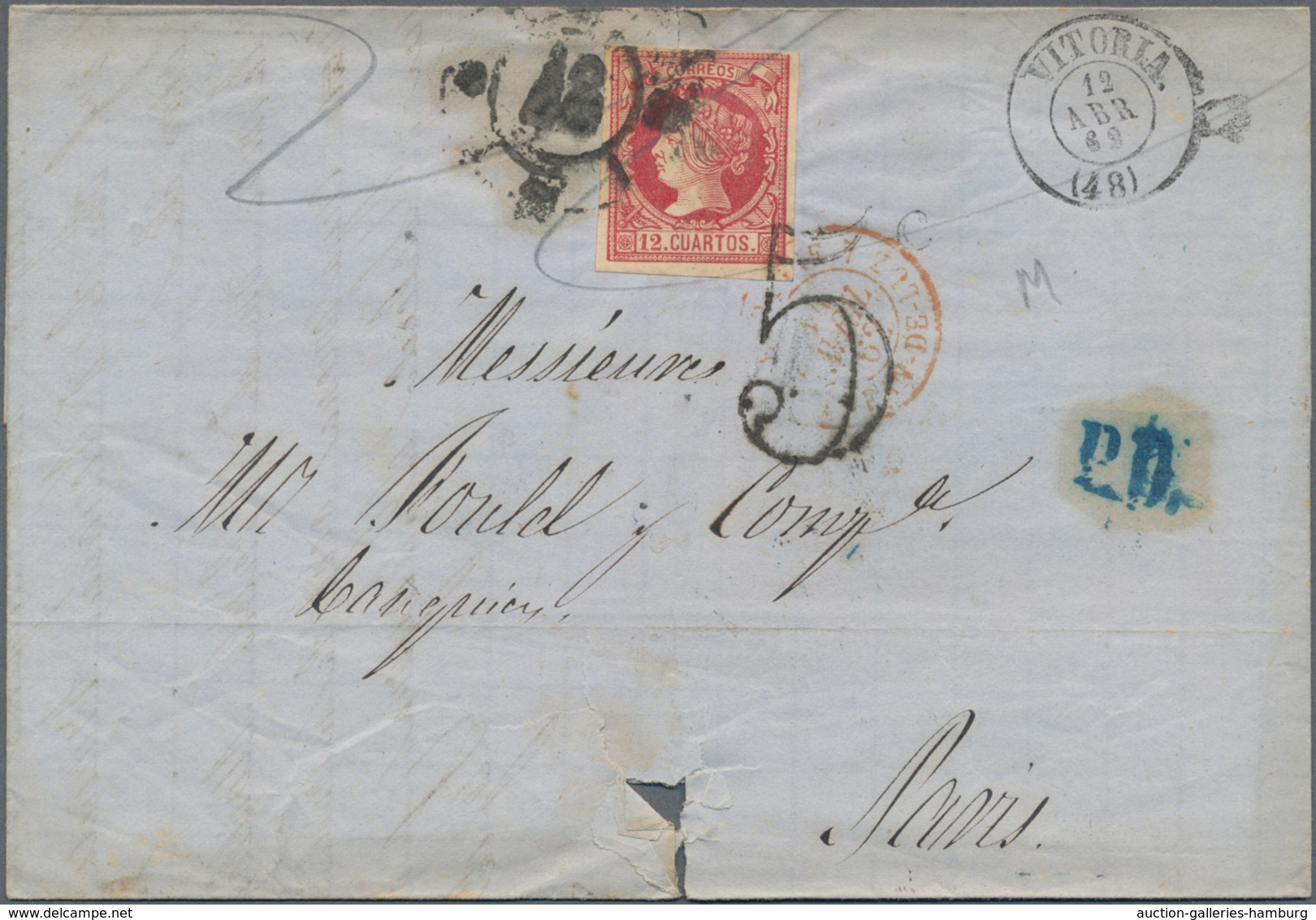 Spanien: 1860/1880, eight beautiful covers to France with nice single frankings, one with a pair. Go