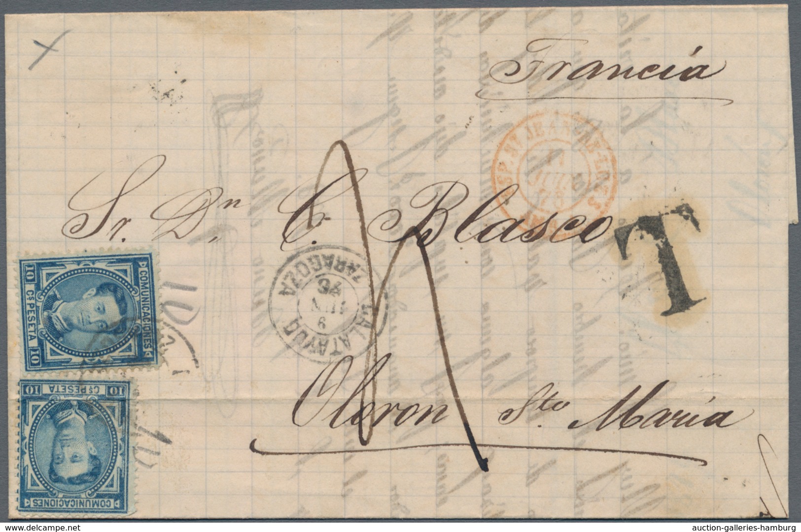 Spanien: 1868/1876, Five Folded Letters All Franked To France. One Letter With "T" Mark For Underpai - Cartas & Documentos