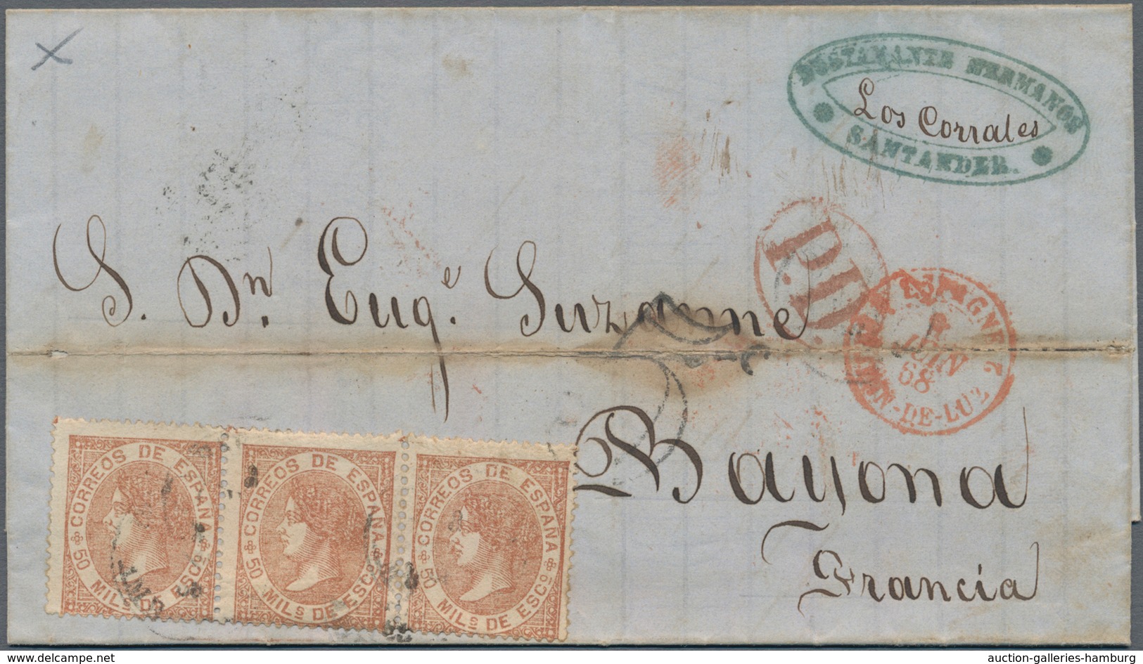 Spanien: 1868/1876, Five Folded Letters All Franked To France. One Letter With "T" Mark For Underpai - Cartas & Documentos