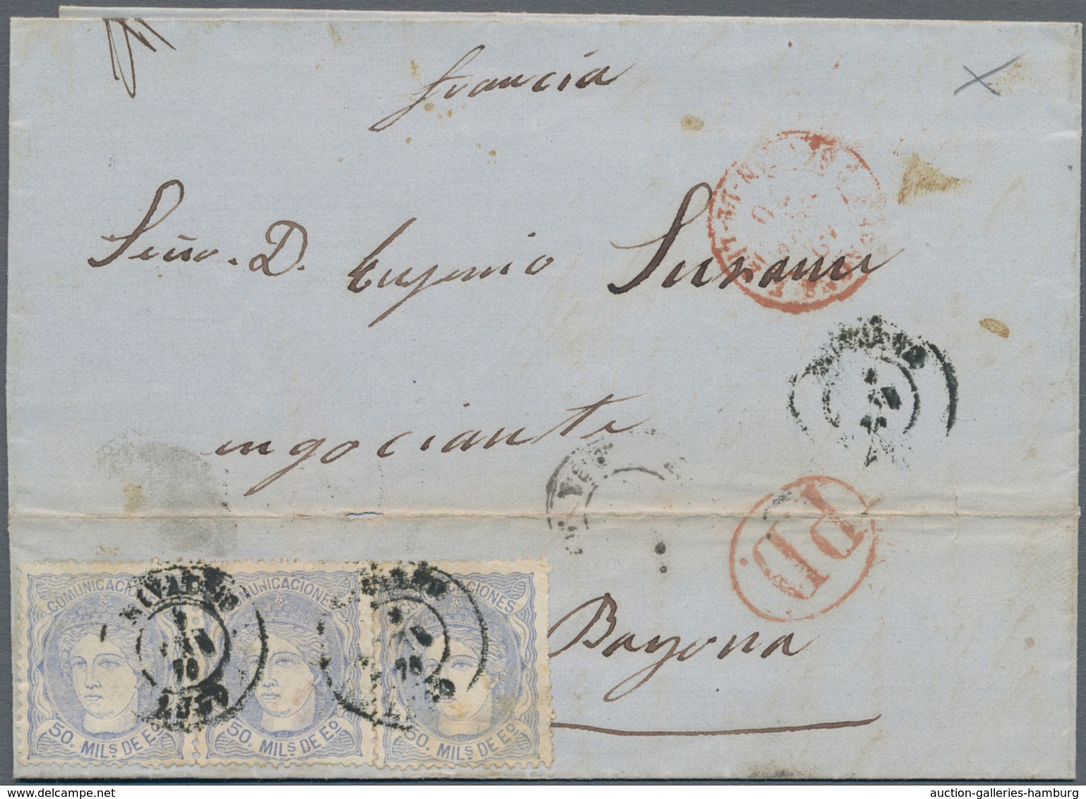 Spanien: 1868/1876, Five Folded Letters All Franked To France. One Letter With "T" Mark For Underpai - Lettres & Documents
