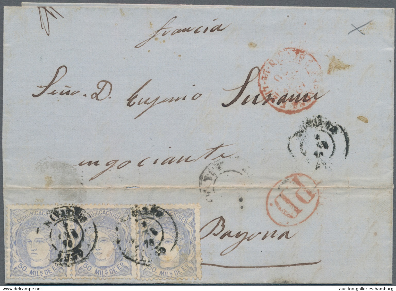 Spanien: 1868/1876, Five Folded Letters All Franked To France. One Letter With "T" Mark For Underpai - Brieven En Documenten